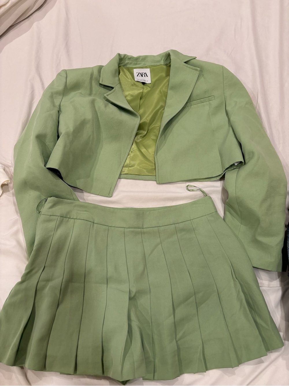 ZARA Mint Green Cropped Blazer and Pleated Skirt Set